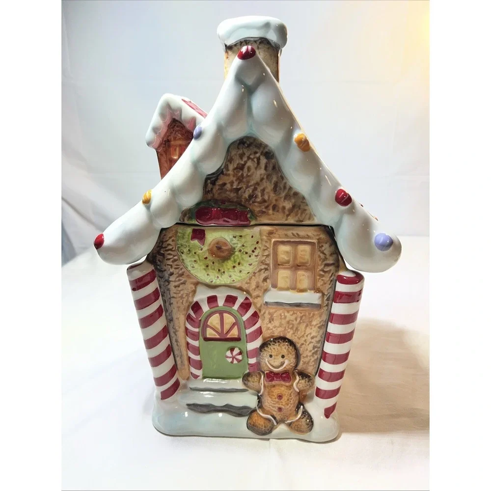 Ceramic Gingerbread House Christmas Seasonal cookie jar , Multicolor Glossy